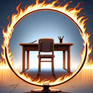 Desk as seen through flaming hoop.